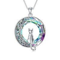 wholesale TOUPOP Christmas Cat Gifts For Cat Lovers One Two Three Four Cats Necklace Sterling Silver Cats On The Moon Pendant Necklace With Blue Circle Crystal Birthday Christmas Celtic Jewelry Gifts For Women -color_name:1 Cat(Silver)-Purple Crystal-01-A