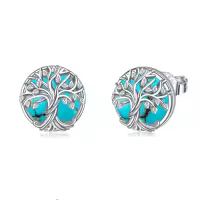 TOUPOP Sterling Silver Moonstone Yoga Lotus Tree Of Life Sea Turtle Butterfly Celtic Knot Elephant Stud Earrings-style_name:8-Turquoise Tree of Life
