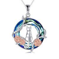 wholesale TOUPOP Cat Gifts For Cat Lovers 1 2 3 Cats Necklace 925 Sterling Silver Rose Flower Blue Crystal Jewelry Birthday Christmas Gifts For Women Her Mom -style_name:1 Cat-rose