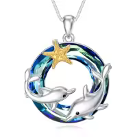 TOUPOP Sterling Silver Blue Crystal Ocean Jewelry Pendant Necklace-style_name:1-Double Dolphin