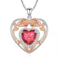 TOUPOP 925 Sterling Silver 12 Birthstone Heart Rose Pendant Necklace-color_name:7-Jul-Ruby