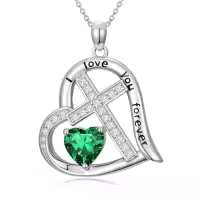 TOUPOP Sterling Silver Birthstone Heart Cross Necklace-color_name:05-May-Emerald