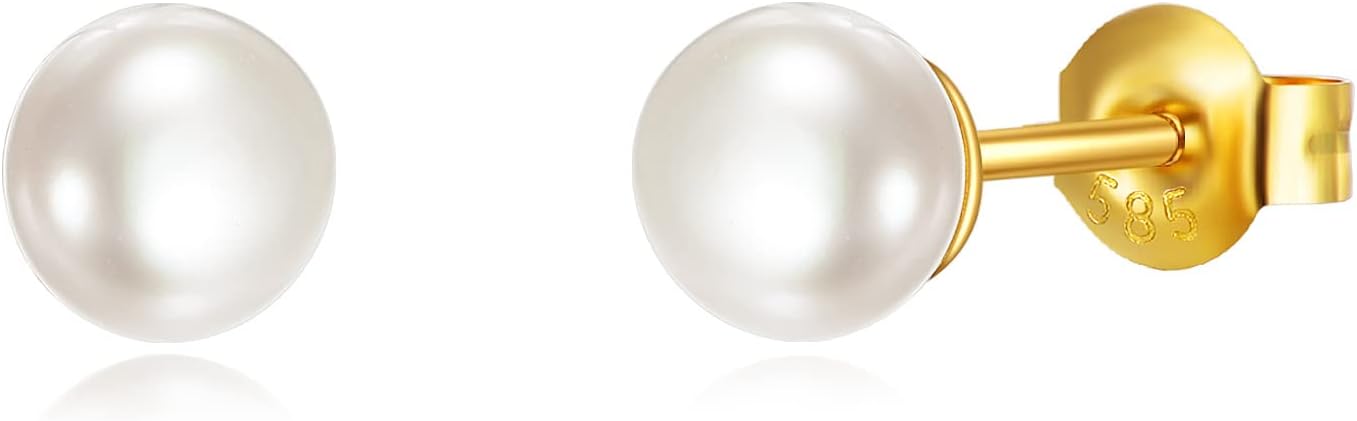 14K Gold Pearl Stud Earrings Flat Back Post Jewelry for Women-0-0