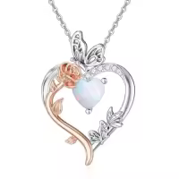 TOUPOP Sterling Silver Rose Heart Birthstone Necklace Butterfly Pendant-color_name:13-October-Opal