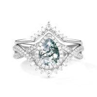 wholesale TOUPOP Personalized Moissanite Natural Moss Agate Wedding Ring Set For Women 925 Sterling Silver Moissanite Bridal Ring Set Engagement Ring Set Anniversary Natural Moss Agate Promise Rings For Her -style_name:H Moss Agate Moissanite Ring