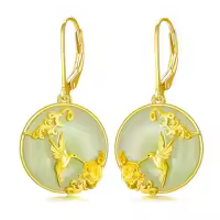 TOUPOP 14K Gold Plated Sterling Silver Round Natural Jade Earrings-style_name:C--Hummingbird-Gold
