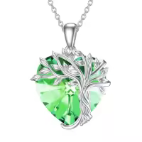 TOUPOP Sterling Silver Crystal Tree Of Life Birthstone Necklace Family Pendant Gift-color_name:Heart-08-Green Peridot Crystal
