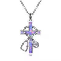 TOUPOP Sterling Silver Stone Nurse Stethoscope Cross Necklace Gift-style_name:A01-Purple Opal Stethoscope
