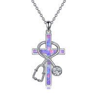 wholesale TOUPOP Christmas Gifts For Nurses Sterling Silver Nurse Stethoscope Necklace Cross Pendant Nursing Theme Necklace Jewelry Best Nurse Ever Gifts For Women Daughter Doctor Medical Assistant Rn -style_name:A01-Purple Opal Stethoscope