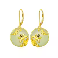 TOUPOP 14K Gold Plated Sterling Silver Round Natural Jade Earrings-style_name:C-Bee-Gold