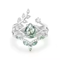 TOUPOP 10k 14k 18k Gold Sterling Silver Moss Agate Moissanite Pear Bridal Wedding Ring Set-style_name:A Moss Agate Moissanite Ring