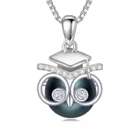 TOUPOP S925 Sterling Silver Black Freshwater Pearl Graduation Owl Pendant Necklace-style_name:Bachelor Cap 2