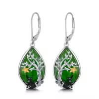 TOUPOP 14K Gold Plated Sterling Silver Round Natural Jade Earrings-style_name:D-Cat-White Gold