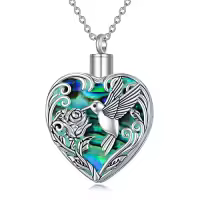 TOUPOP 925 Sterling Silver Hummingbird Urn Heart Cremation Jewelry Pendant-style_name:B-Hummingbird-Abalone
