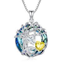 wholesale TOUPOP S925 Sterling Silver Family Celtic Tree Of Life Pendant Necklaces With 2 Heart Birthstone With Blue Austrian Crystal Jewelry Birthday Anniversary Christmas Gifts For Her Wife Girlfriend Mom (18k Real White Gold Filled) -color_name:04-11-Apr-Nov Birthstone