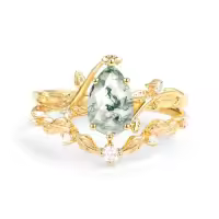 TOUPOP 10K 14K 18K Gold Natural Moss Agate Moissanite Pear Ring Set-style_name:A Moss Agate Gold Ring