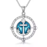 TOUPOP 925 Sterling Silver Anchor Compass Pendant Necklace-style_name:Zircon-Compass Anchor