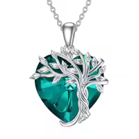 TOUPOP Sterling Silver Crystal Tree Of Life Birthstone Necklace Family Pendant Gift-color_name:Heart-05-Green Emerald Crystal