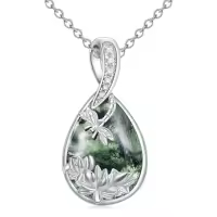 TOUPOP Sterling Silver Jade Hummingbird Dragonfly Butterfly Bee Cat Cardinal Owl Fox Sloth Necklace-style_name:Dragonfly-Moss Aagate