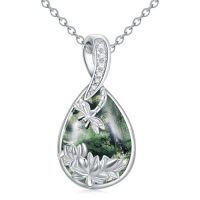wholesale Green Jade Necklace Sterling Silver Teardrop Hummingbird/dragonfly/butterfly/bee/cat/cardinal/owl/fox/sloth Natural Jade Jewelry Birthday Christmas Gifts Women Mom Wife -style_name:Dragonfly-Moss Aagate