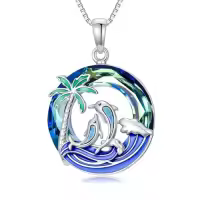 TOUPOP Sterling Silver Crystal Dolphins Pendant Necklace Gift For Women-style_name:Palm Tree Two Dolphins-Blue Opal