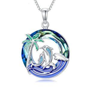 Palm Tree Two Dolphins-Blue Opal