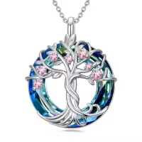 TOUPOP Sterling Silver Blue Crystal Tree Of Life Birthstone Necklace-color_name:10-October-Pink Tourmaline