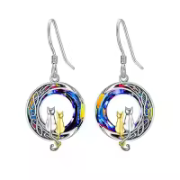 TOUPOP Sterling Silver Crystal Cat On Moon Dangle Drop Earrings-color_name:2 Cats(Silver and Yellow Gold)-Volcano Crystal-02-A