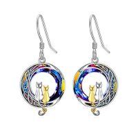 wholesale TOUPOP Cat On The Moon Earrings Sterling Silze Cut Animal Cat Dangel Drop Earrings With Circle Crystal Christmas Valentines Birthday Mothers Day Jewelry Gifts For Women Cat Lovers -color_name:2 Cats(Silver and Yellow Gold)-Volcano Crystal-02-A