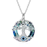 TOUPOP Sterling Silver Crystal Evil Eye Necklace Pendant Protection Gift-style_name:C01-Tree of Life·Evil Eye -Blue Crystal