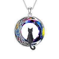 wholesale TOUPOP Christmas Cat Gifts For Cat Lovers One Two Three Four Cats Necklace Sterling Silver Cats On The Moon Pendant Necklace With Blue Circle Crystal Birthday Christmas Celtic Jewelry Gifts For Women -color_name:1 Cat(Black)-Volcano Crystal-01-B