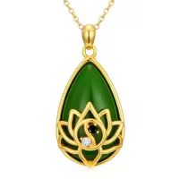 TOUPOP 14K Gold Plated Sterling Silver Green Jade Lotus Necklace Teardrop Jewelry-style_name:Lotus-Yin Yang