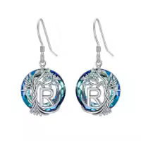 TOUPOP Sterling Silver Blue Crystal Tree Of Life Letter Drop Dangle Earrings-style_name:R Initial