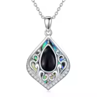 TOUPOP Sterling Silver Abalone Shell Teardrop Filigree Necklace Gift-color_name:Black Onyx