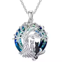 TOUPOP Sterling Silver Blue Crystal Cute Cats Tree Of Life Pendant Necklace-color_name:2 Cats(Black And Silver)-Blue Crystal-02-B