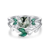 wholesale Moss Agate Ring Sterling Silver Moss Agate Gemstone Rings Set For Women Engagement Ring Jewelry For Mothers Day Birthday Gifts Her Wife -ring_size:7,style_name:Style-1