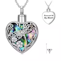 TOUPOP 925 Sterling Silver Heart Urn Necklace For Ashes Memorial Keepsake-style_name:B-Dragonfly-Abalone Shell