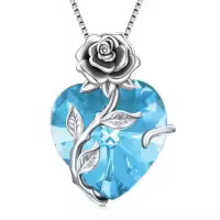 TOUPOP Sterling Silver Birthstone Rose Flower Heart Pendant Necklace-color_name:3-Mar - Created Aquamarine