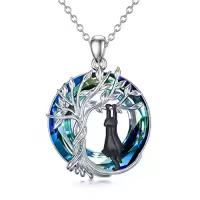 TOUPOP Sterling Silver Blue Crystal Cute Cats Tree Of Life Pendant Necklace-color_name:1 Cat(Black)-Blue Crystal-01-D
