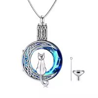 TOUPOP Sterling Silver & Stone Cat Moon Cremation Urn Necklace for Ashes-color_name:Silver Cat