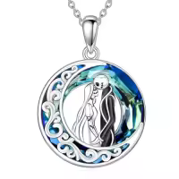 TOUPOP Sterling Silver Abalone Crystal Jack Skellington Necklace-color_name:Jack and Sally with Blue Circle Crystal-Moon