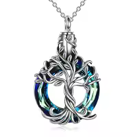TOUPOP Sterling Silver Crystal Tree Of Life Urn Necklace For Ashes Memorial Keepsake-color_name:A-Blue Crystal