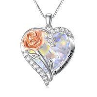 wholesale TOUPOP Birthstone Necklace For Women 925 Sterling Silver Rose Flower Heart Crystal Pendant Necklaces I Love You Jewelry Birthday Christmas Gifts For Women Her Girlfriend -color_name:04-April