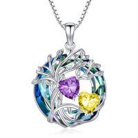 wholesale TOUPOP S925 Sterling Silver Family Celtic Tree Of Life Pendant Necklaces With 2 Heart Birthstone With Blue Austrian Crystal Jewelry Birthday Anniversary Christmas Gifts For Her Wife Girlfriend Mom (18k Real White Gold Filled) -color_name:02-11-Feb-Nov Birthstone