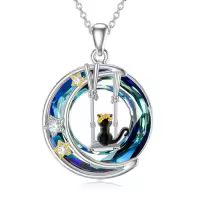 TOUPOP Sterling Silver & Stone Celtic Tree of Life Moon Cat Pendant Necklace-style_name:Stars