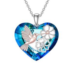 Hummingbird Necklace with Blue Heart Crystal