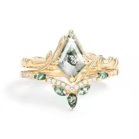 TOUPOP 10k 14k Gold Natural Moss Agate & Moissanite Women's Bridal Ring Set-style_name:D Moss Agate Gold Ring