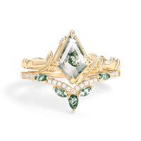 wholesale TOUPOP Natural Moss Agate Wedding Ring Set For Women 10k 14k 14k Solid Gold Moissanite Bridal Ring Set Engagement Ring Set Anniversary Natural Moss Agate Promise Rings For Her -style_name:D Moss Agate Gold Ring