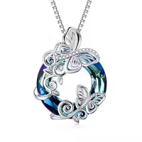 TOUPOP Sterling Silver Crystal Dragonfly Butterfly Pendant Necklace-style_name:J-Butterfly Necklace-Blue Circle Crystal