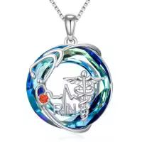 TOUPOP Sterling Silver Stethoscope Caduceus RN Nurse Pendant Necklace-color_name:Blue